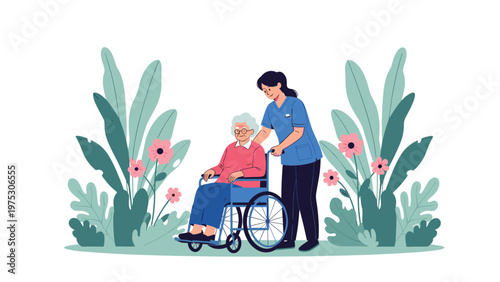 Compassionate caregiver assisting an elderly woman in a wheelchair surrounded by lush green plants and pink flowers.