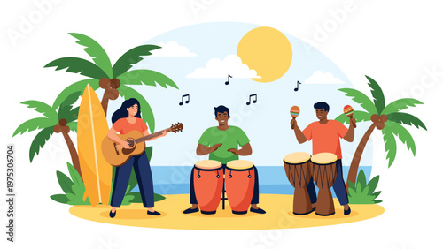 Group of people playing musical instruments including guitar and drums on a sunny tropical beach with palm trees and sun.