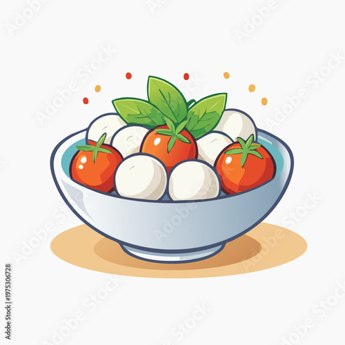 Fresh Caprese salad illustration with cherry tomatoes, mozzarella cheese, and basil leaves in a bowl.