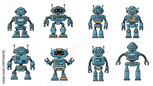 Collection of eight diverse toy-like robot characters with various screen faces, antennas, and mechanical parts in blue and gold.