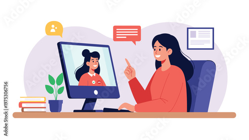 Young woman having a friendly video call with another woman on a computer screen in a cozy home office setting.