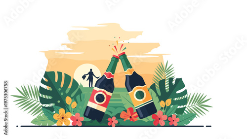 Two bottles of champagne clinking together for a celebratory toast with a tropical beach and sunset background.