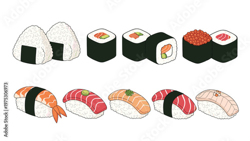 Delicious variety of japanese food including sushi rolls nigiri with fish and shrimp and rice onigiri on a plain white background.