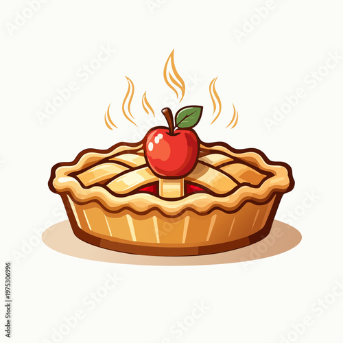 Delicious freshly baked apple pie with a golden lattice crust and a whole red apple on top, steaming hot.