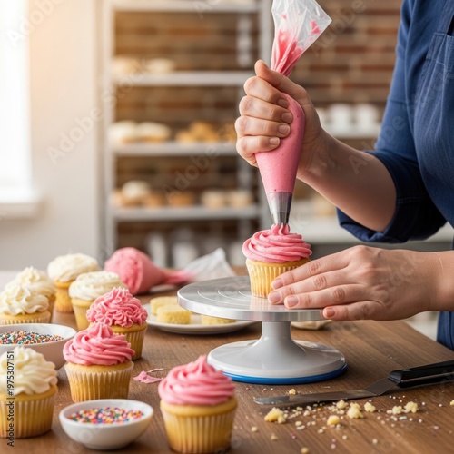 Person decorating cupcakes with pink frosting in a bakery setting with various sweet treats