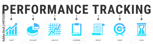 Performance Tracking web banner icon vector illustration featuring Chart, Pie Chart, Graph Up, Clipboard, Report and Target