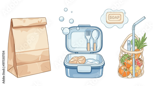 Zero waste lifestyle items including a reusable lunch box a paper bag natural soap and a mesh bag filled with fresh produce.