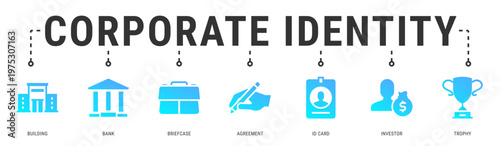 Corporate Identity web banner icon vector illustration with Building, Bank, Briefcase, Agreement, ID Card and Investor