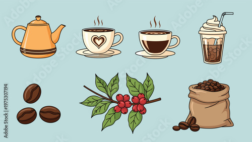 Comprehensive coffee collection featuring hot mugs a teapot an iced coffee cup coffee beans and a burlap sack on blue.