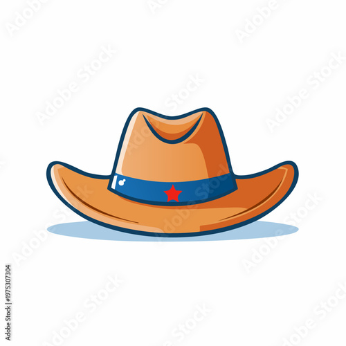 Cartoon style illustration of a classic cowboy hat with a blue band and red star on a white background.