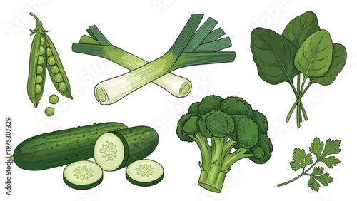 Fresh green vegetable assortment including leeks, broccoli, spinach leaves, cucumber slices, and green peas in their pods.