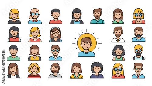 Large grid of diverse people icons with one central male character highlighted in a yellow circle to represent leadership or selection.