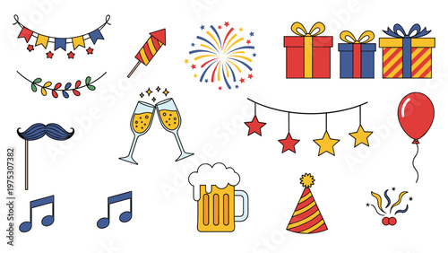 Vibrant collection of celebration icons including party hats, gift boxes, fireworks, champagne glasses, beer mugs, and colorful banners.