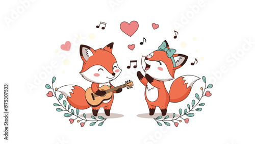 Two cute cartoon foxes celebrate their love by singing together and playing an acoustic guitar surrounded by hearts and leaves.