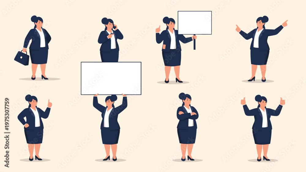 Obraz premium Businesswoman in a dark suit shown in various professional poses holding blank signs and using a phone on a light background.