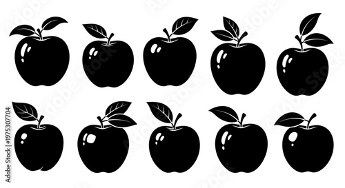 Set of Black Apple Silhouettes with Leaves on White Background