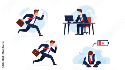 Series of illustrations showing a businessman in different work situations including rushing, working at a computer, and feeling tired.