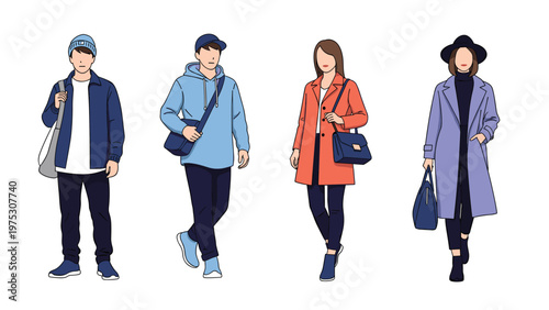 Group of stylish men and women wearing fashionable autumn and winter outfits including coats, hoodies, and beanies in a lineup.