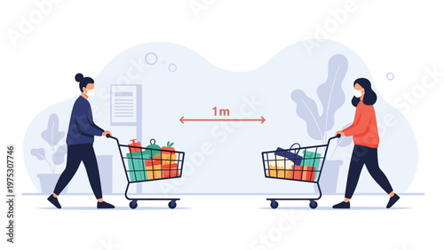 Two women wearing face masks shop for groceries while maintaining a one meter social distance in a supermarket during a pandemic.