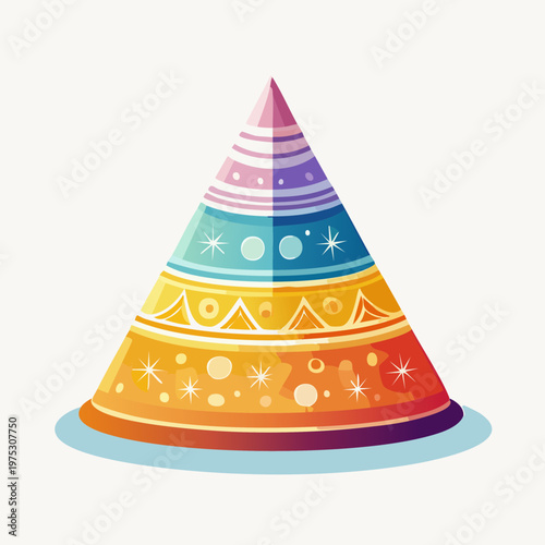 A vibrant, colorful conical object adorned with festive patterns, isolated on a clean white background.