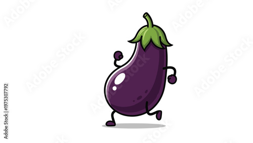 Funny cartoon eggplant character with small arms and legs running quickly across a plain white background with a cheerful expression.