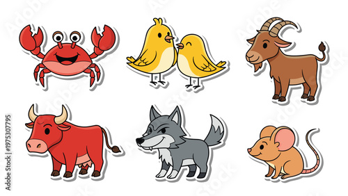 Set of cute cartoon animal stickers including a crab, baby chicks, goat, bull, wolf, and mouse isolated on a white background for children.