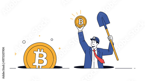 Business concept illustration showing a bitcoin miner in a suit emerging from a hole holding a large golden cryptocurrency coin and a digging shovel.