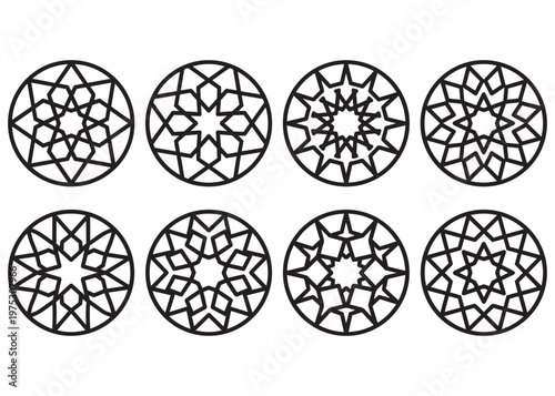 Islamic geometric patterns circular design motifs for arabesque decoration and mandala elements.