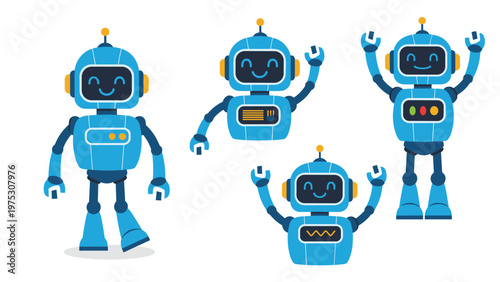 Collection of four friendly blue robot characters with smiling faces, waving hands, and different mechanical details in a modern flat design style.