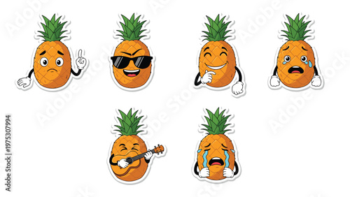 Fun set of pineapple character stickers showing different emotions like sadness, coolness, laughter, fear, music playing, and crying with tears.
