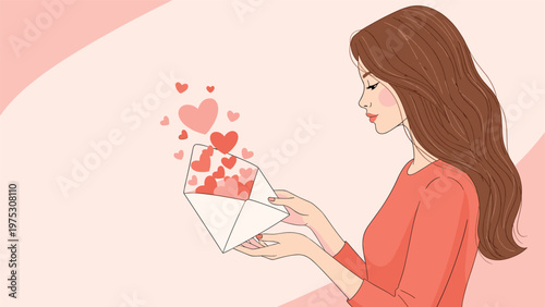 Beautiful illustration of a young woman holding an open envelope with numerous pink and red hearts floating out against a soft background.
