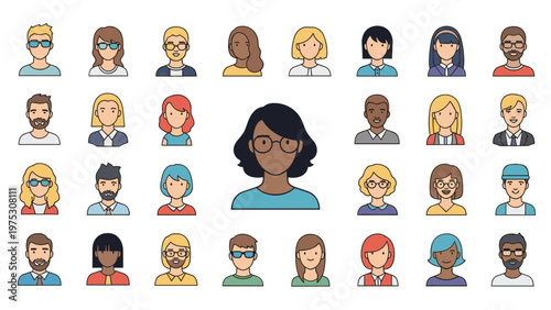 Diverse collection of people avatars featuring individuals of different ethnicities, hairstyles, ages, and styles arranged in a neat grid.