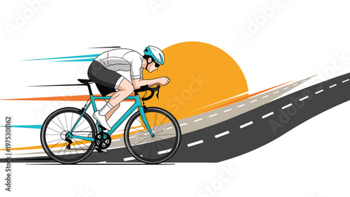 Dynamic illustration of a cyclist in a white jersey riding fast on an uphill road against a large orange sun with motion speed lines.