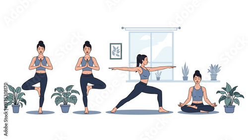 Set of four illustrations showing a woman practicing various yoga poses like tree pose, warrior pose, and meditation in a peaceful room.