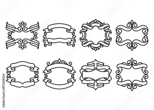 Ornate vintage frames and banners with swirling ribbons and decorative flourishes.