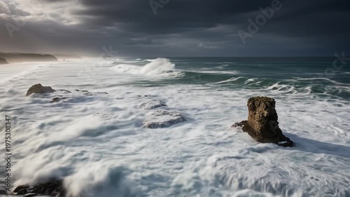 Rough ocean with crashing waves rocks and dark sky