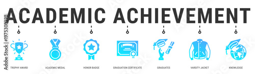 Academic Achievement web banner icon vector illustration with Trophy Award, Academic Medal, Honor Badge, Graduation Certificate, Graduates and Varsity Jacket