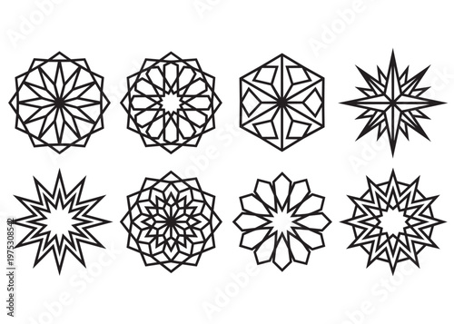 Geometric star and circle islamic patterns black white design elements ornate.