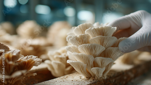 Mushroom Harvest: A gloved hand delicately tends to a cluster of oyster mushrooms, highlighting the care and precision of cultivation.