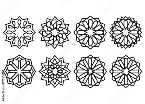 Islamic geometric patterns eight ornamental star mandalas on transparent background.