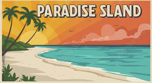 Vintagestyle postcard of a tropical island beach with palm trees ocean and sunset Paradise Island text across top