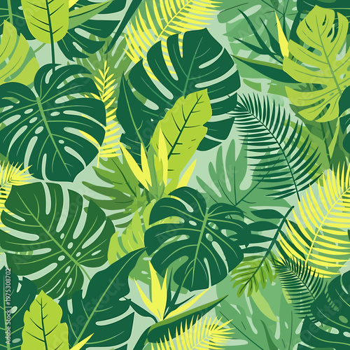 Seamless vector graphic pattern featuring dense tropical monstera leaves and various exotic plants in bright vibrant shades of green