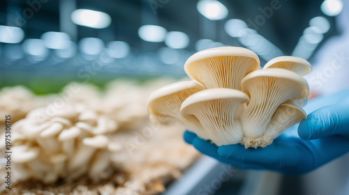 Mushrooms in Cultivation: A close-up view showcases freshly harvested mushrooms held by a gloved hand within a controlled growing environment, highlighting sustainable food production