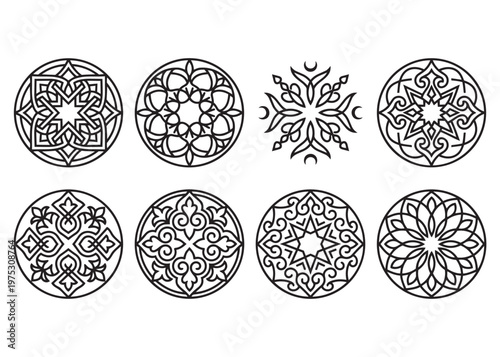 Round geometric oriental ornaments vector elements set.