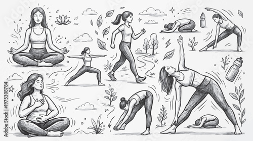 Hand drawn pencil sketch of women practicing yoga and walking in a park, promoting health and wellness