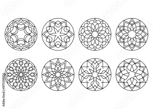Abstract geometric circular mandala ornaments set vintage pattern background.