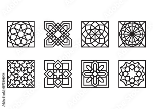 Eight Islamic geometric patterns arranged in square frames.