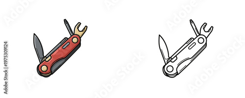 Multifunctional pocket knife illustrations in red cartoon and black linear styles featuring various folding tools used for camping and survival isolated on a white background