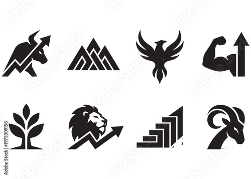 Bull and mountain graphic icons financial growth and business success symbols.