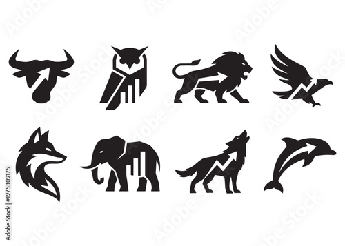 Animal silhouettes with financial chart elements, vector graphics.